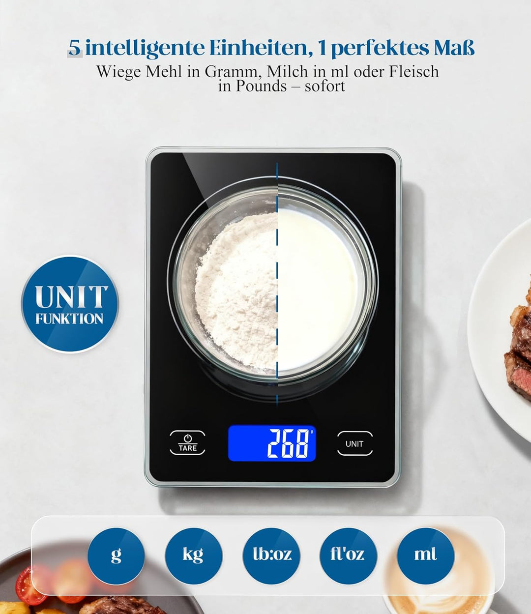 Küchenwaage Digital mit 15 kg Tragkraft, 5 Einheiten in g/ml/fl'oz, Präzise Waage Küche mit Grossem