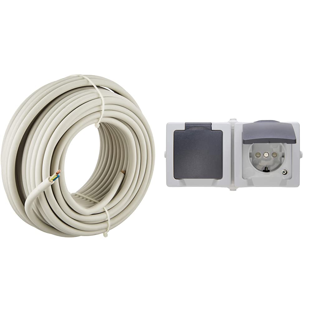 Kopp 150825001 NYM-J 3 x 1,5 mm² Feuchtraum-Kabel, 25 m-Ring &amp; Nautic 2-Fach Steckdose Aufputz Feuch