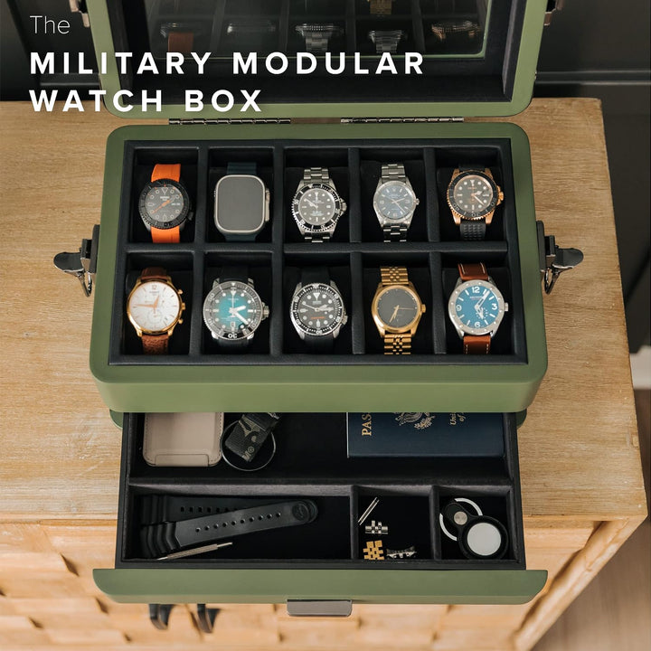 CASE ELEGANCE Militäruhrenbox mit 10 Fächern für Herren, Echtglasplatte, modulares Valet-Tablett, Ap