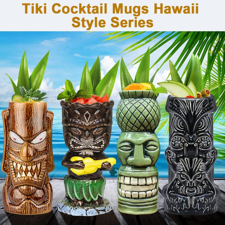 Tiki-Tassen, 4 Stück Tiki-Gläser für Cocktails grossen tropischen Keramikbechern Hawaii Tiki Party K