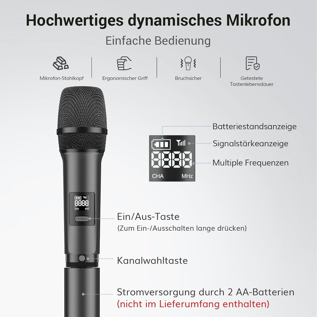 TONOR Dual Mikrofon Kabellos System, Funkmikrofon drahtloses Karaoke Mikro Set Wireless Microphone 6