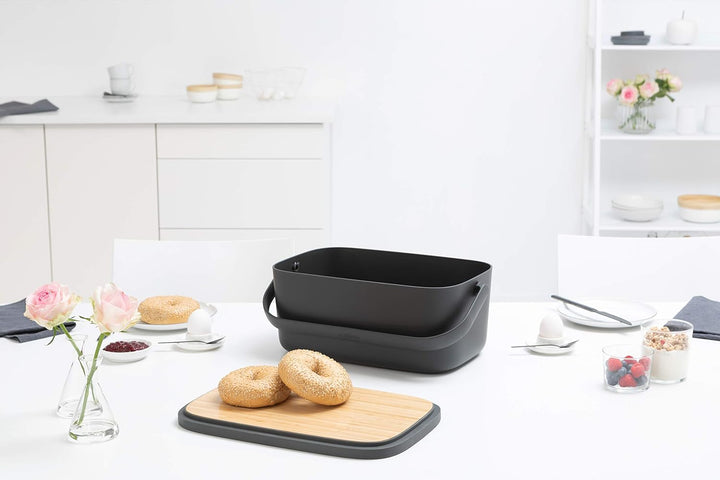 Brabantia Grosser Brotkasten mit Servierbrett aus Holz und Griff, Dunkelgrau, Dunkelgrau