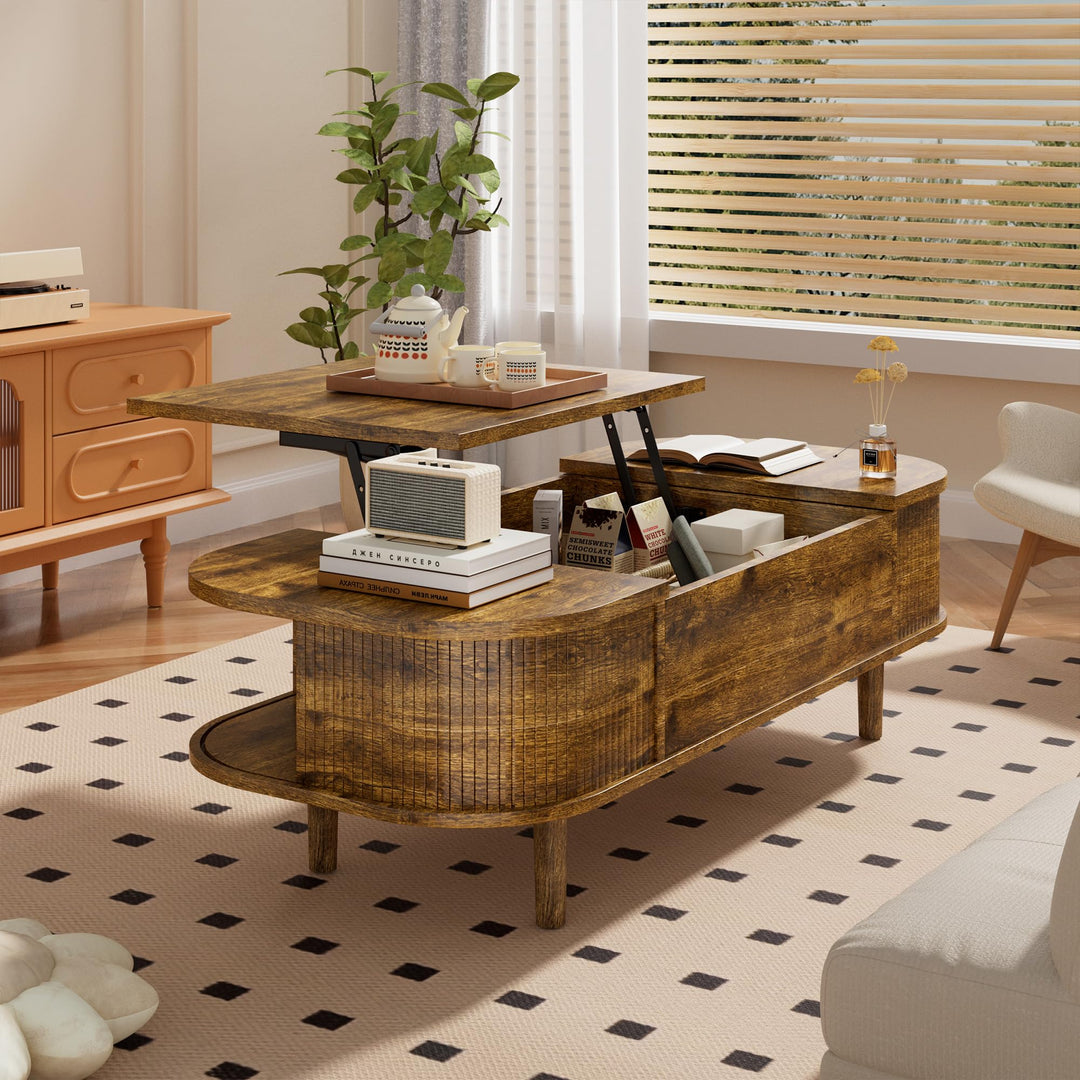Couchtisch mit Hebeplatte – Moderner Holztisch mit Einzigartiger Textur & Verstecktem Stauraum, Kaff