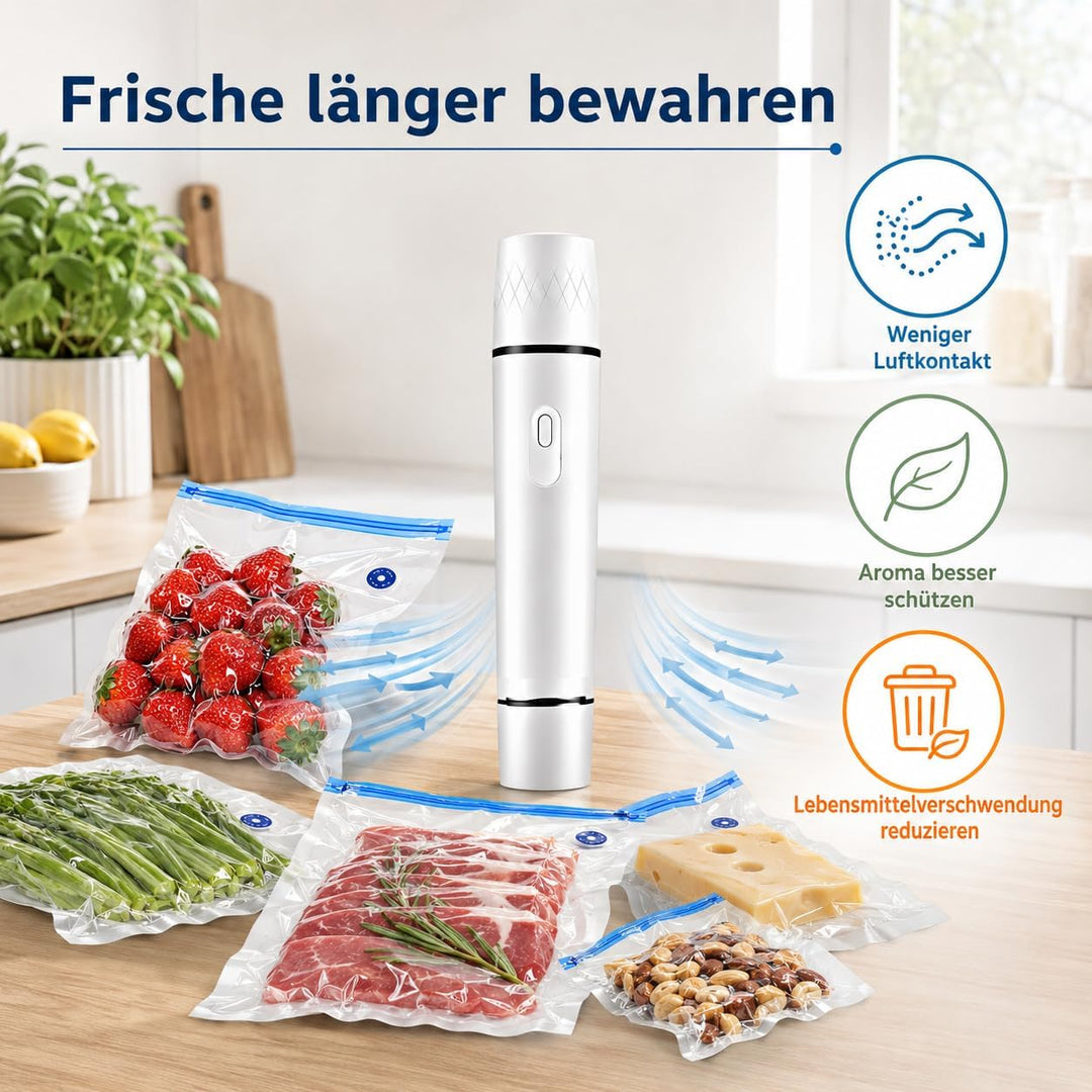 Handvakuumierer mit 30 Wiederverwendbare Vakuumbeutel | Tragbares Vakuumiergerät für Lebensmittelkon