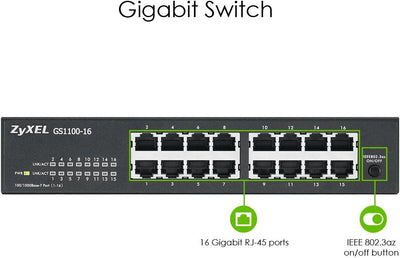 Zyxel 16-Port Gigabit Ethernet Unmanaged Switch - Design ohne Lüfter [GS1100-16v3] Single, Single
