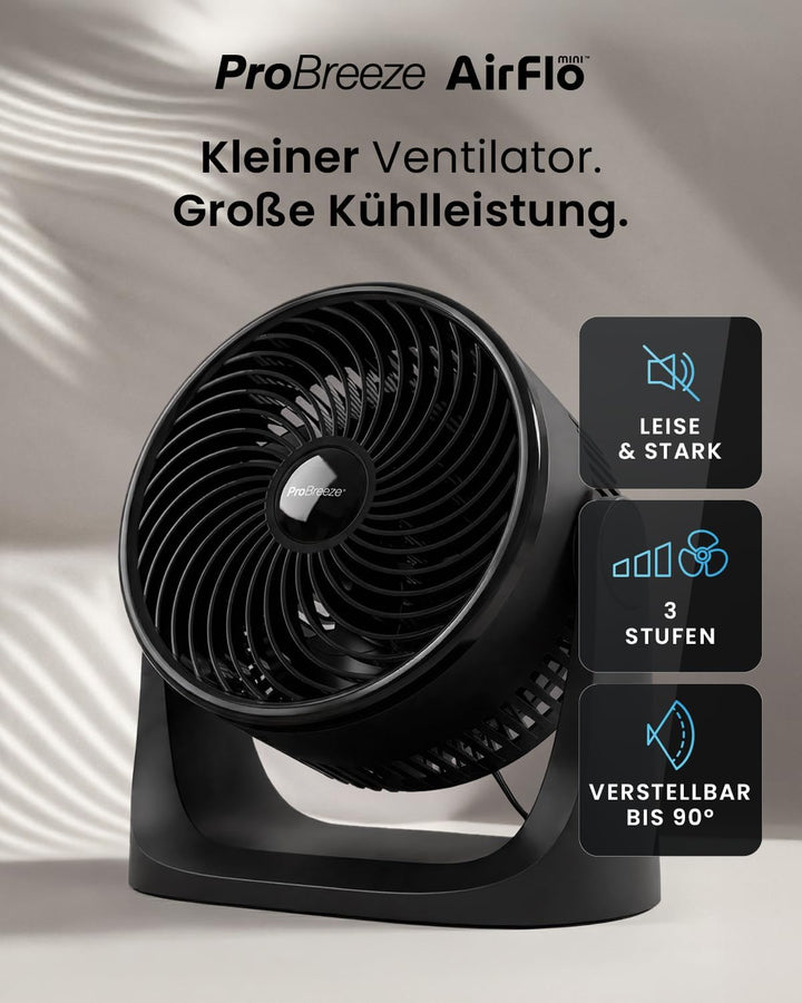 Pro Breeze AirFlo Mini Tischventilator – Leiser Turbo Ventilator mit 3 Stufen, 90° Neigung und kraft