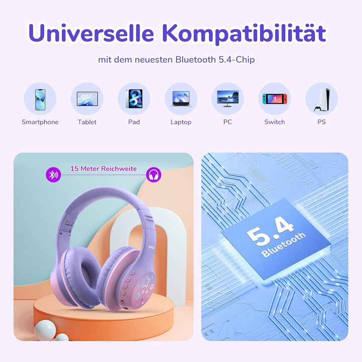 EarFun Bluetooth Kopfhörer Kinder, 5 LED-Beleuchtungsmodi, 74/85/94 dBA Lautstärkebegrenzung, 90 Std