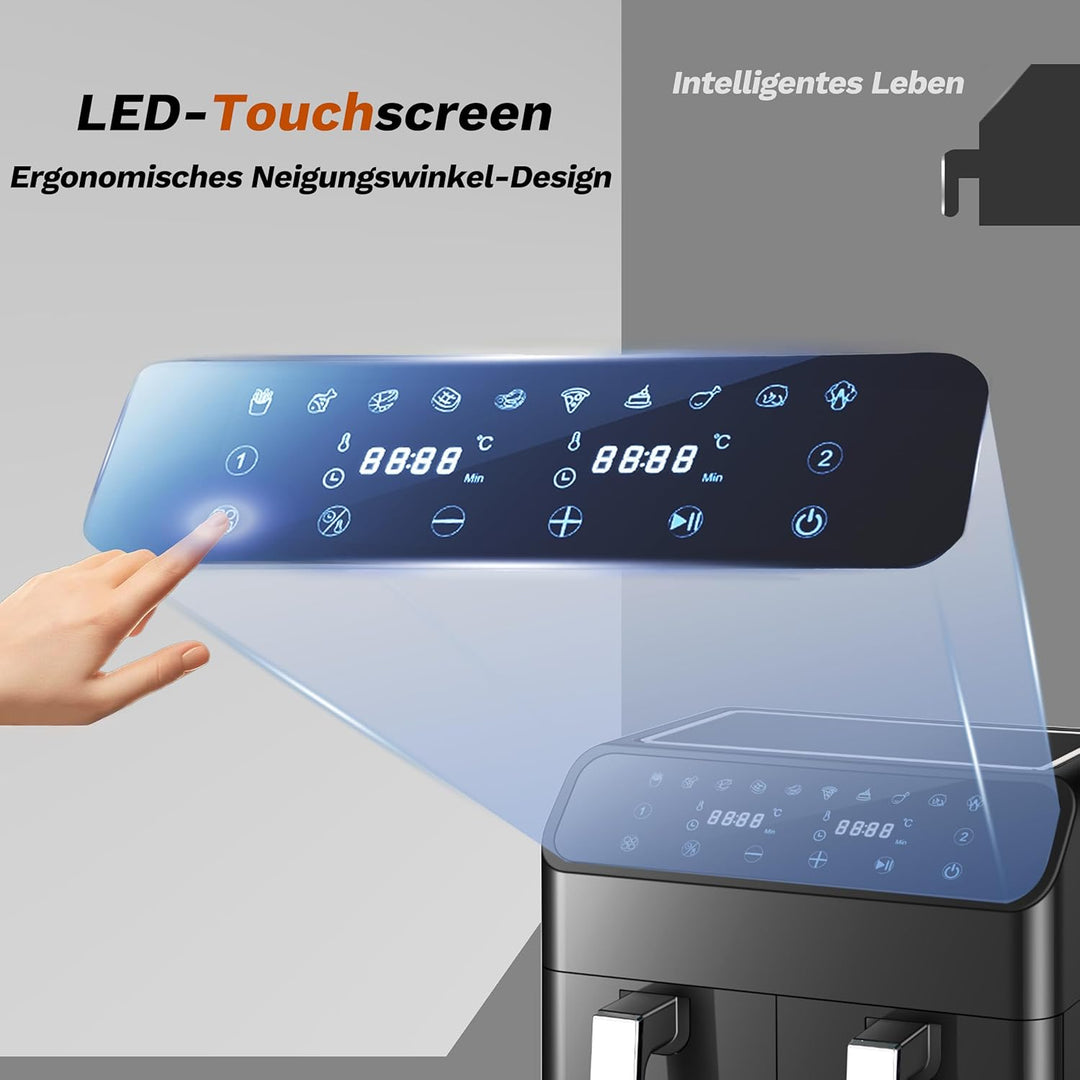 Heissluftfritteuse 9L XXL Profi • 2000W Dual-Zonen Technologie • 10-in-1 Automatikprogramme • 2x Ink