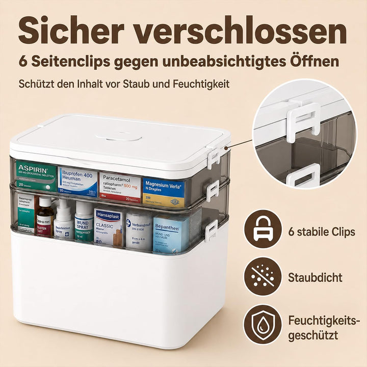 Medikamentenbox Gross Hausapotheke Leer, 3-Ebenen Erste-Hilfe-Kasten Aufbewahrungsbox mit Transparen
