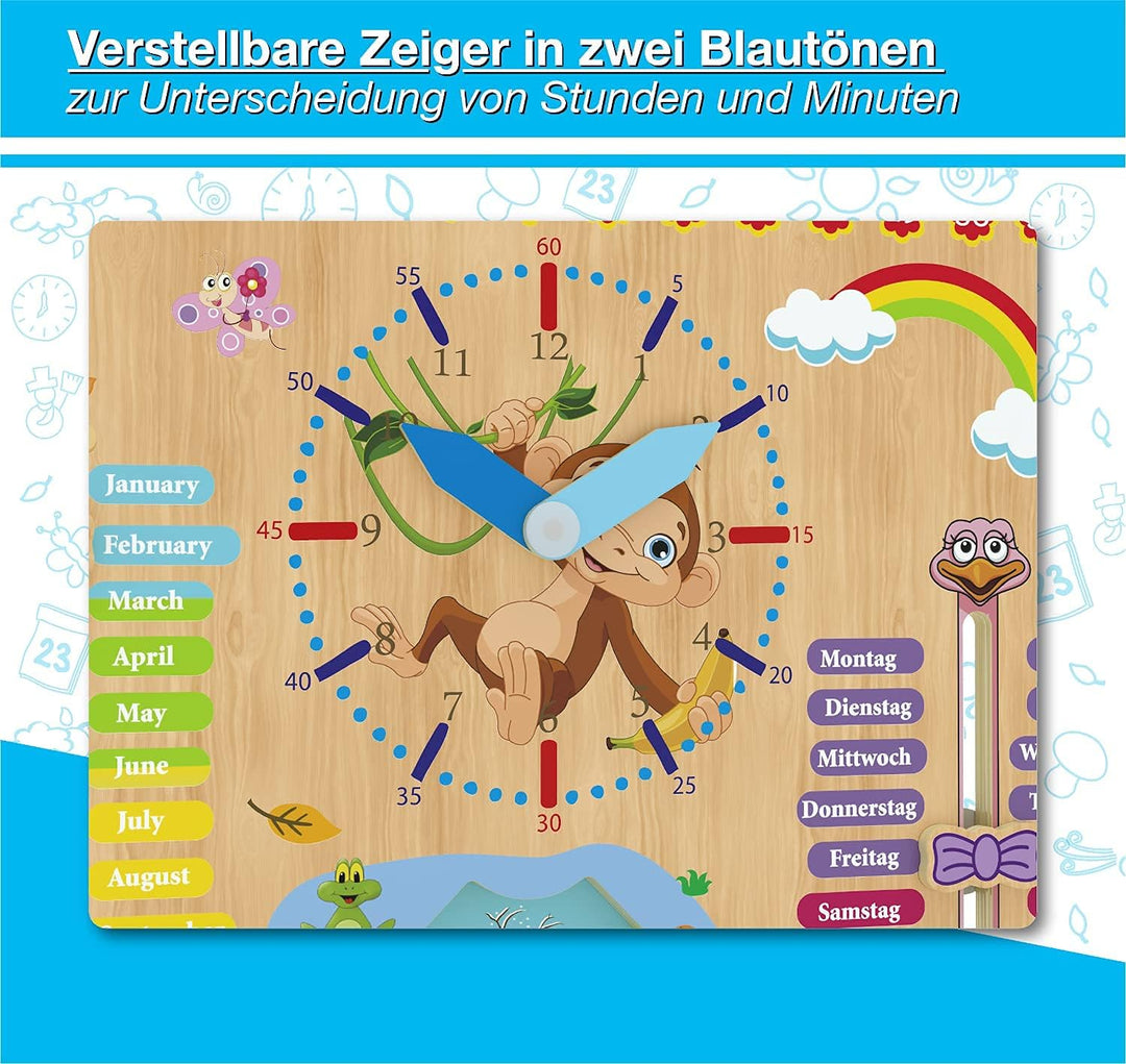 WoodyWood® Kalenderuhr für Kinder - Lernuhr aus Holz, zweisprachig, 30 X 30 cm - Montessori Jahresuh