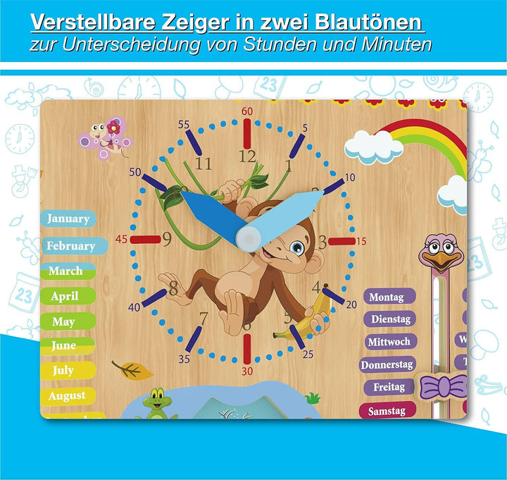 WoodyWood® Kalenderuhr für Kinder - Lernuhr aus Holz, zweisprachig, 30 X 30 cm - Montessori Jahresuh