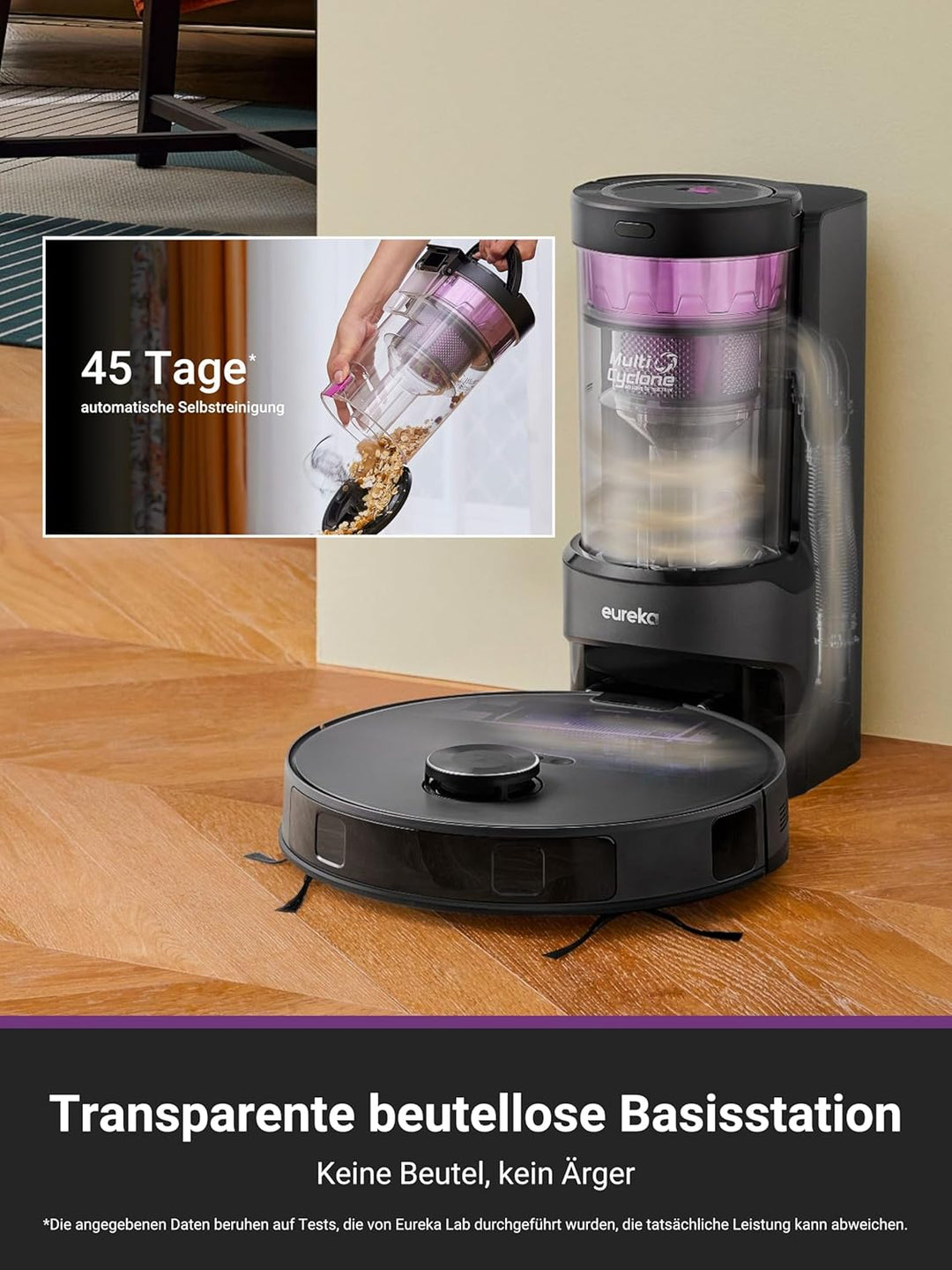 EUREKA E20 Plus Saug- & Wischroboter + beutelloser Multi-Zyklon Absaugstation (Duo-KI-3D-Hindernisve