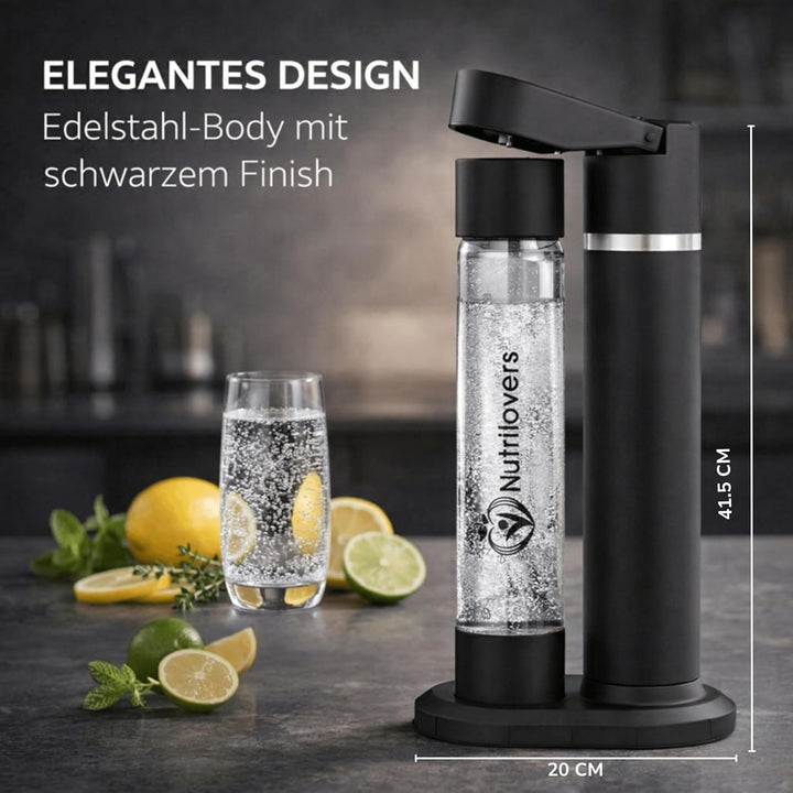 Nutrilovers Wassersprudler 2.0 Edelstahl, Designer Flasche (38 CM hoch), PET-Flasche, BPA-frei, pate