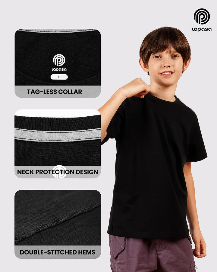 LAPASA Kinder T Shirt 100% Baumwolle 4er Pack Unisex 3-13 Jahre/ 95-165 Jungen Jungs Sport Tshirt K0