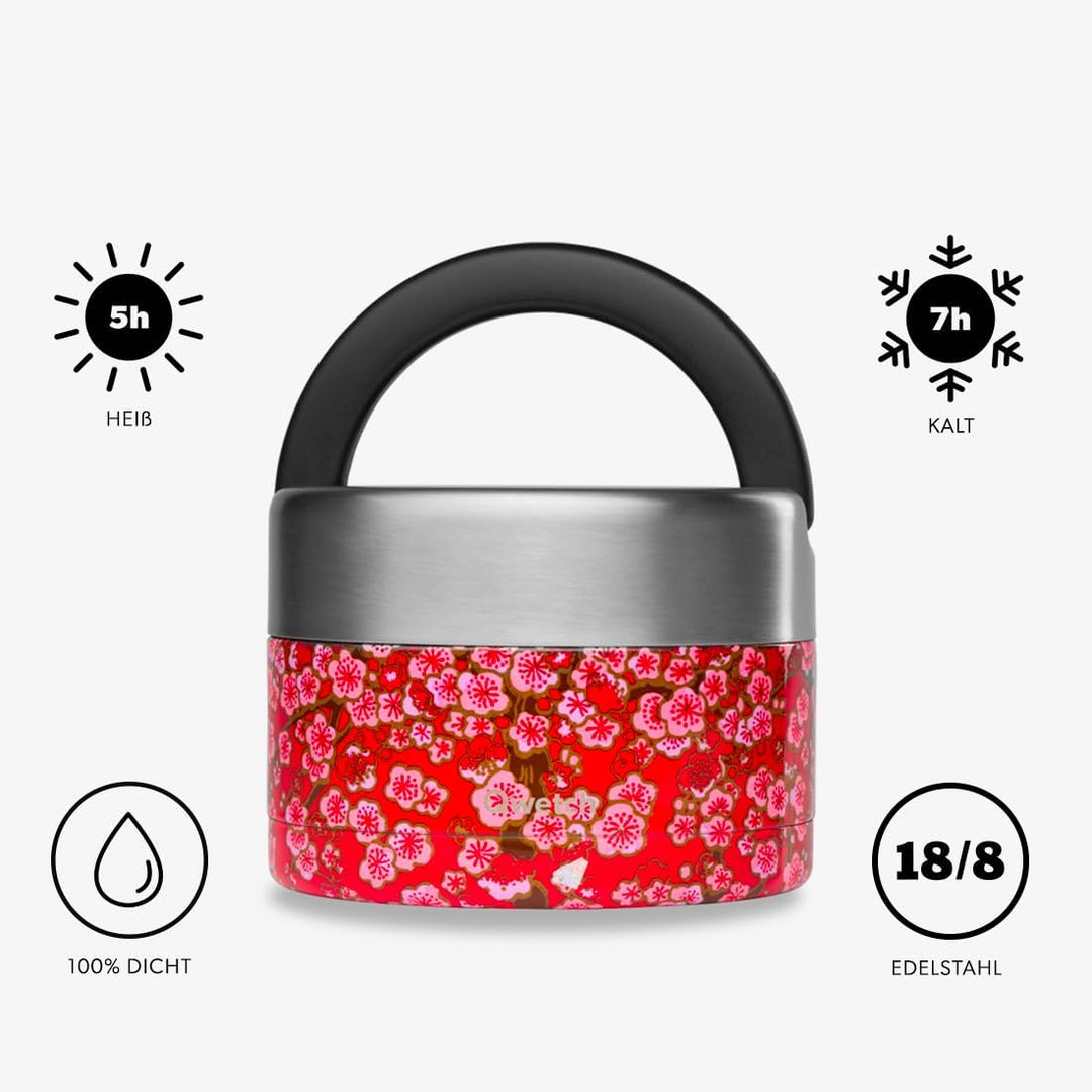 QWETCH - Thermobehälter für Essen mit Griff - 650ml Rote Blumen - Lunchbox Edelstahl Isotherm - 5h H