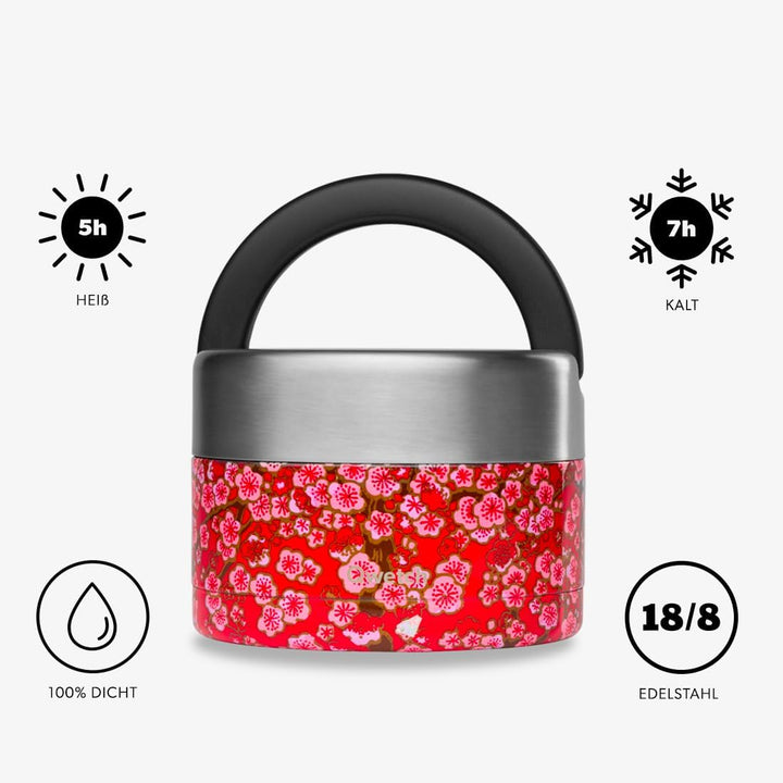 QWETCH - Thermobehälter für Essen mit Griff - 650ml Rote Blumen - Lunchbox Edelstahl Isotherm - 5h H