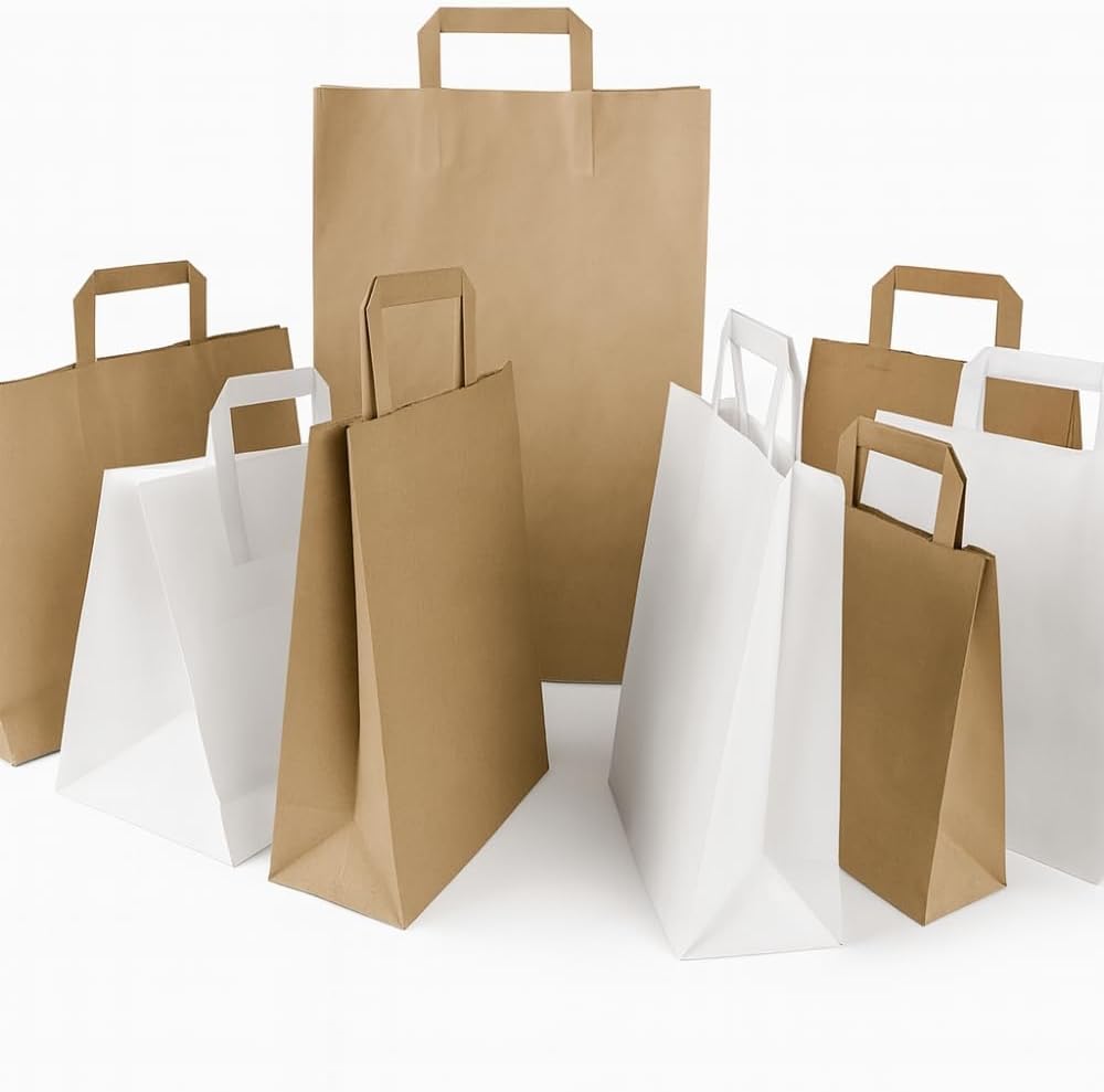 Commerline Papiertragetaschen 18+8x22cm 250 Stück | Braun Papiertüten | Kraftpapier Tüten mit Henkel