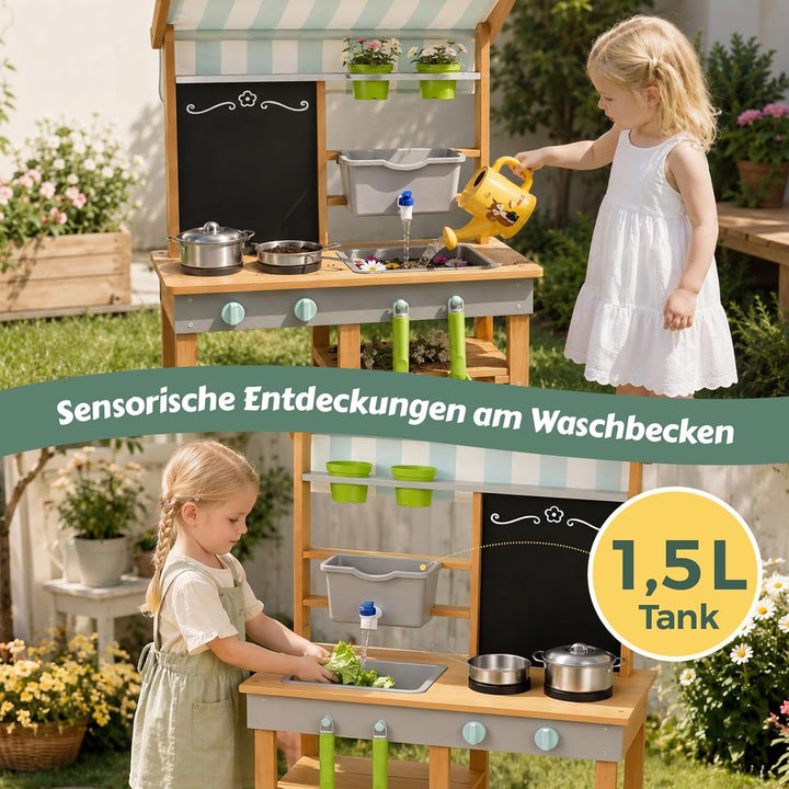 Matschküche Kinder Outdoor Holz mit Wasserdichtem Dach & Rädern, Kinderküche mit Wassertank Wasserha