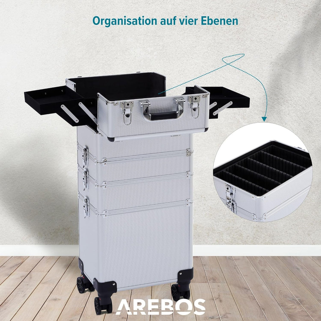 Arebos 4-in-1 Kosmetikkoffer | 4 Fächer & 1 Schublade | Teleskop- und Tragegriff | 8 Schlösser | 4X