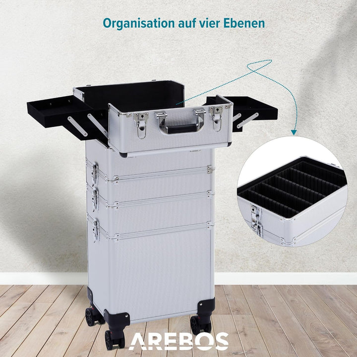 Arebos 4-in-1 Kosmetikkoffer | 4 Fächer & 1 Schublade | Teleskop- und Tragegriff | 8 Schlösser | 4X