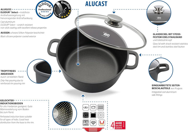 ELO Alucast Kochtopf 16 cm mit Glasdeckel, aus hochwertigem Aluminiumguss - hochwertig, antihaftbesc