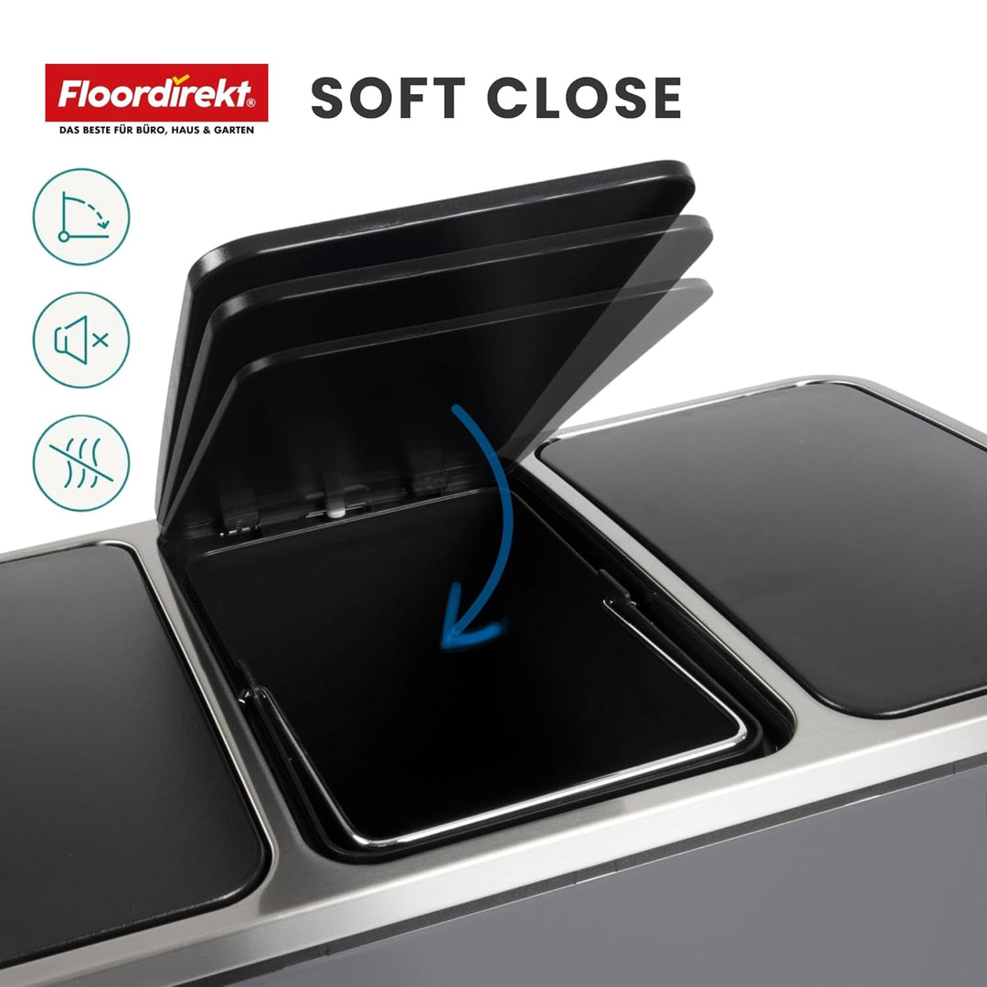 Floordirekt Mülleimer Küche 2×30L Grau | 2-Fach Mülltrennung, Treteimer Küche, Metall, Soft-Close, l