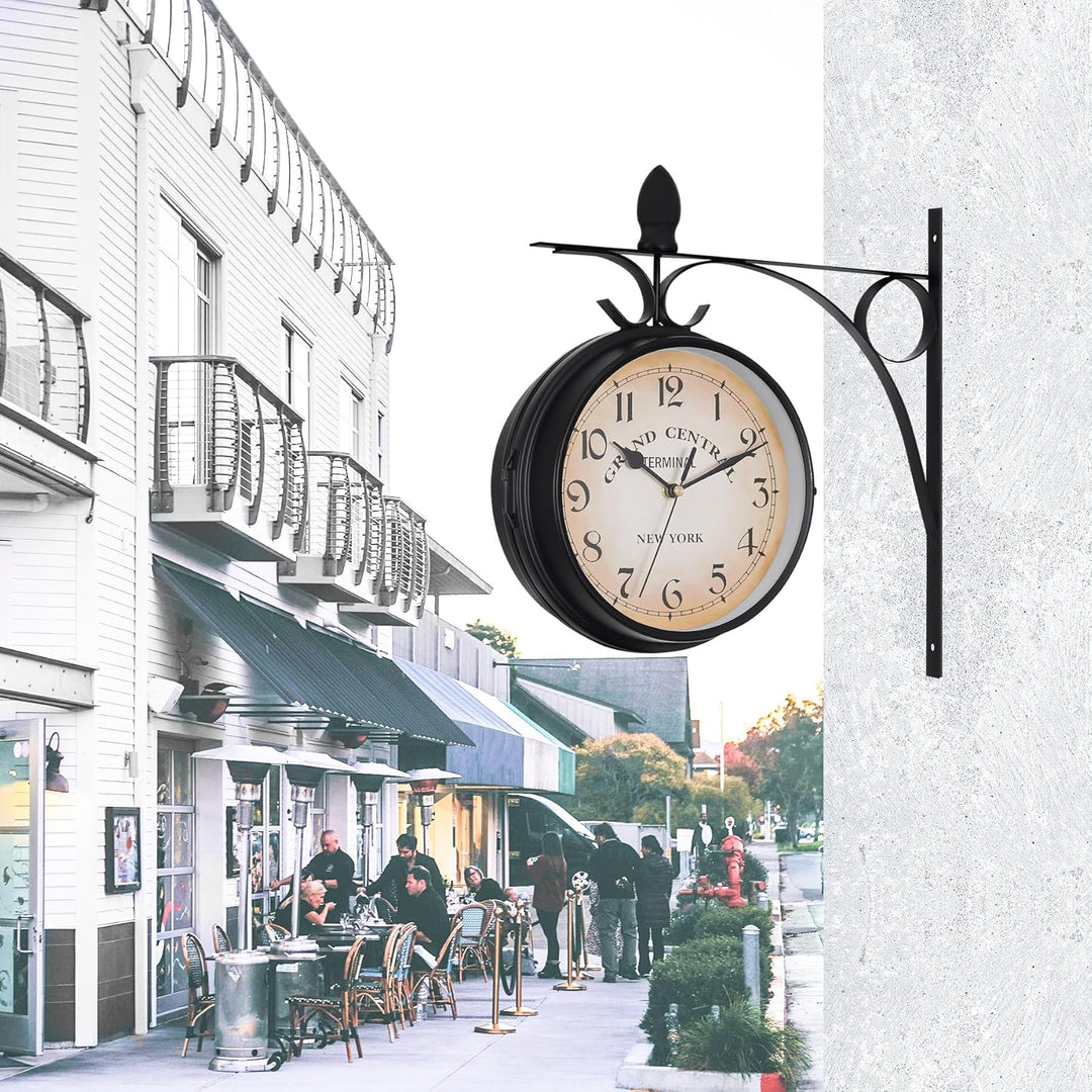 Samger Samger Doppelseitige Uhr Garten Zug Bahnhof Wanduhr mit Halterung (Schwarz)