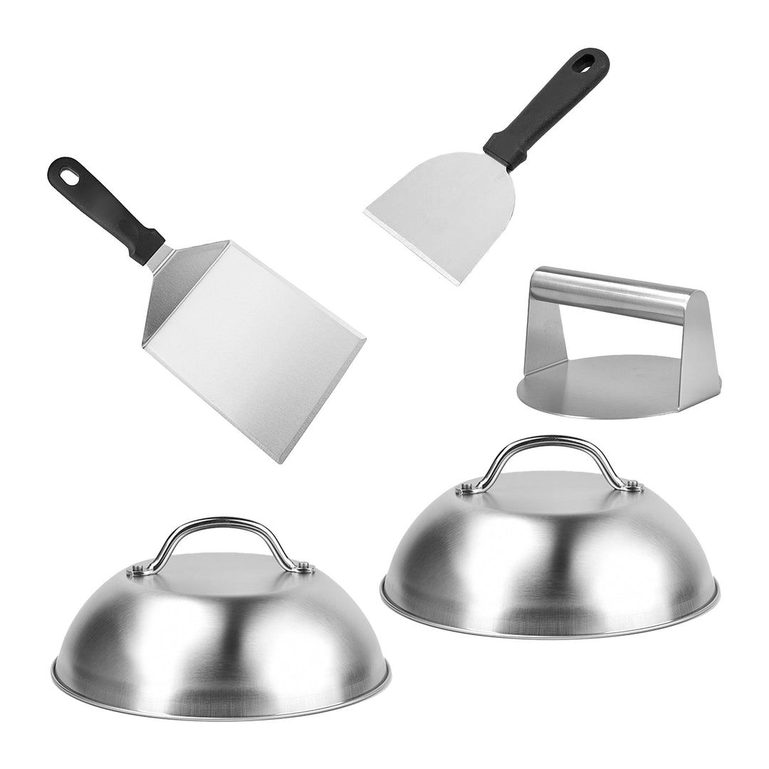 Relaxdays Smash Burger Set, 5-teilig, Burgerpresse, 2 Schmelzglocken & 2 Grillspachteln, Patty Maker