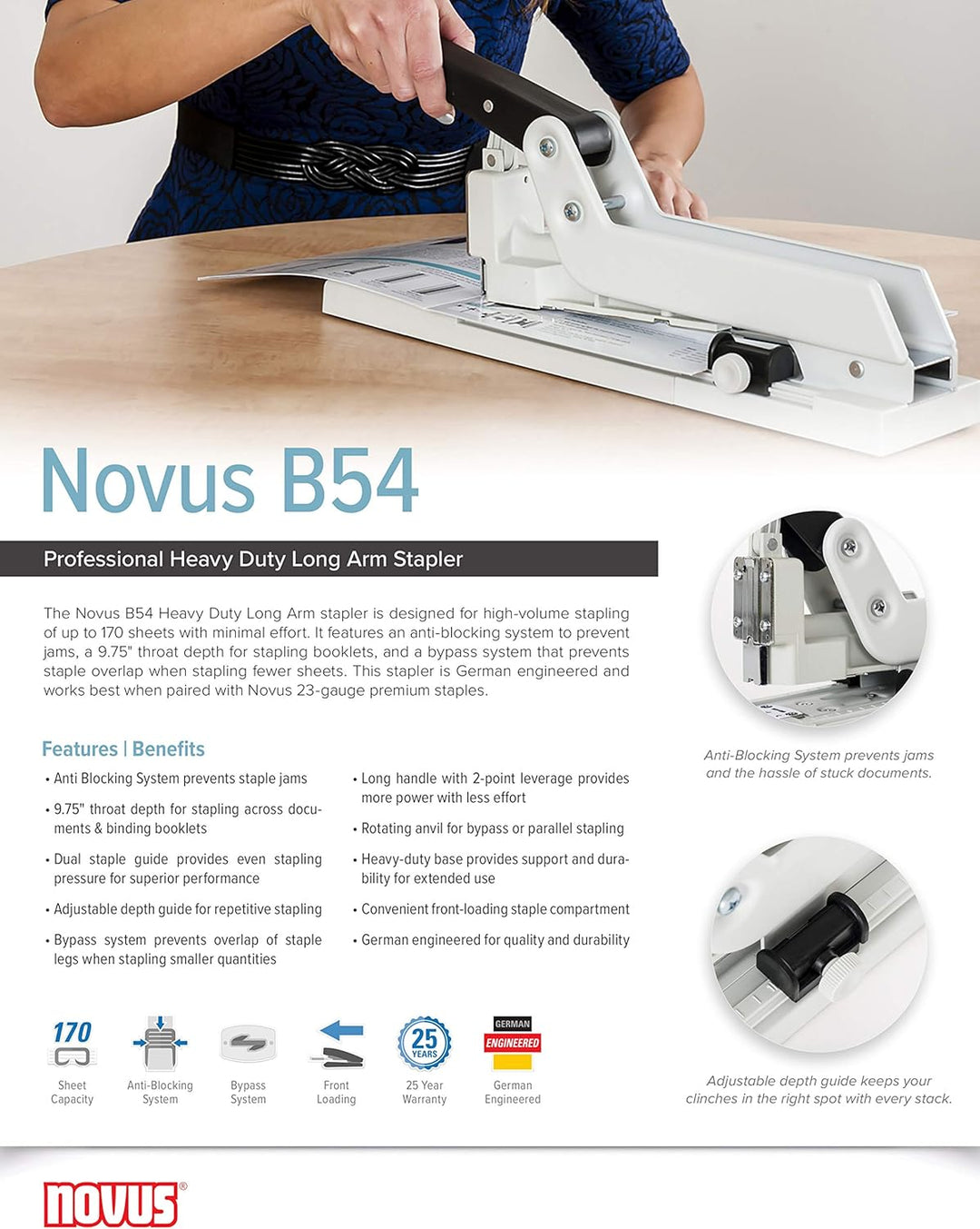 Novus B54 B 54/3 Blockheftgerät (Bürohefter mit variabler Einlegetiefe bis 250 mm),170 Blatt, lichtg