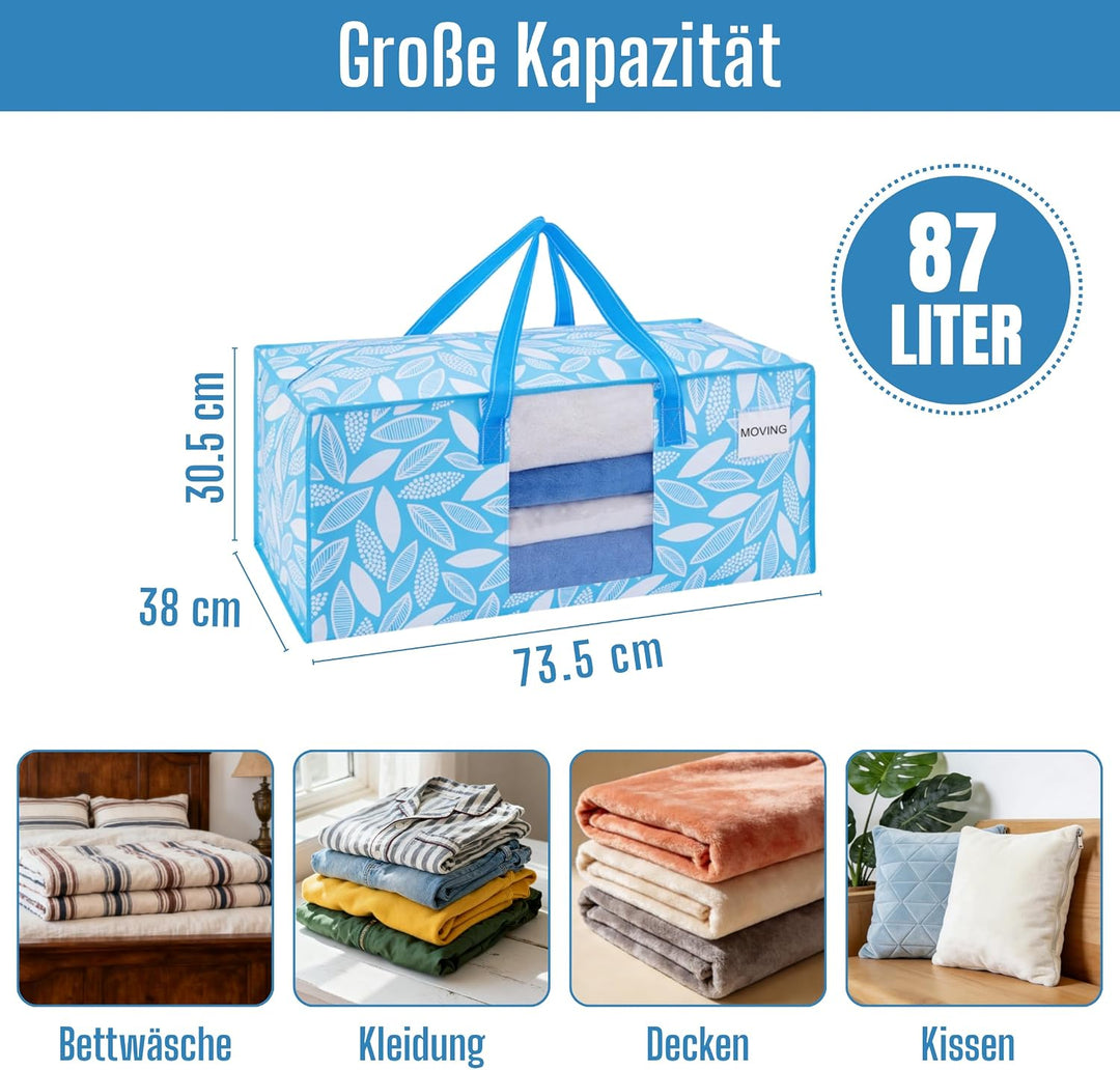 VENO 4er-Pack Umzugstaschen XXL (87 Liter) mit Sichtfenster,Aufbewahrungstasche mit Starken Griffen