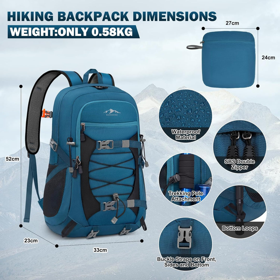 RAINSMORE Wanderrucksack Herren Damen 40L Rucksack Wasserdicht Gross Reiserucksack Leicht Faltbarer