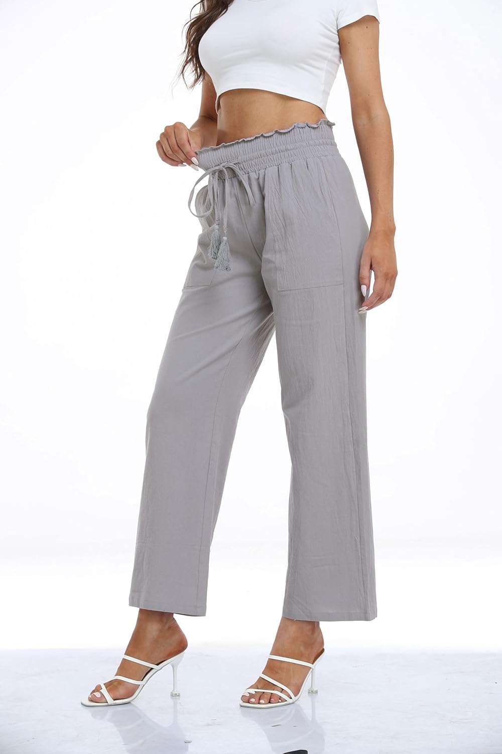 Famulily Leinenhose Damen Sommer Weites Bein High Waist Palazzo Freizeithose Stoffhose Yogahose Mit
