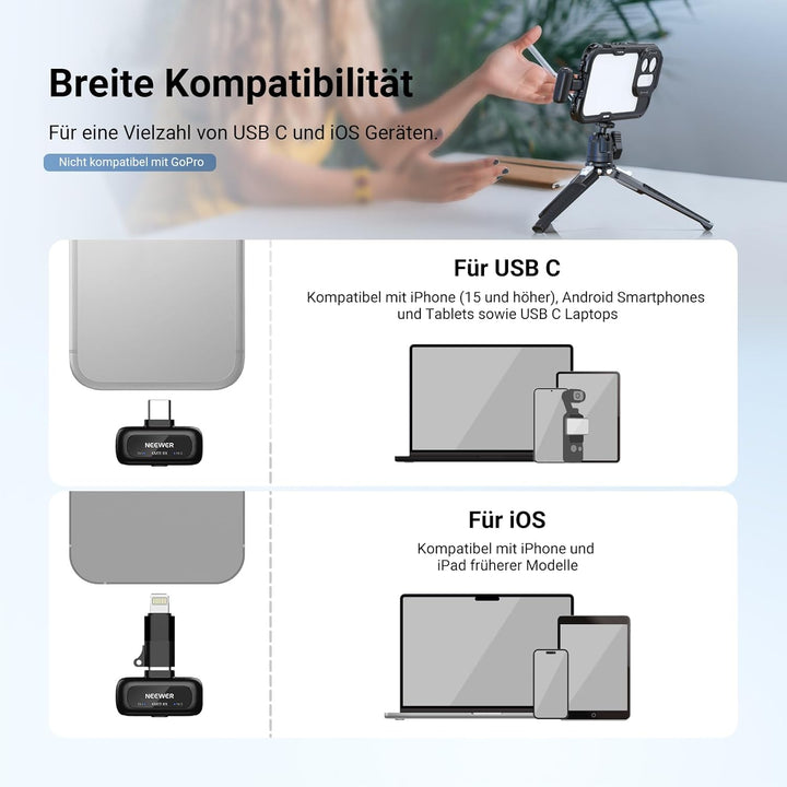 NEEWER KM19 drahtloses Lavalier Mikrofon, 48kHz/24 Bit, 30h Akkulaufzeit, 3 stufige Geräuschunterdrü