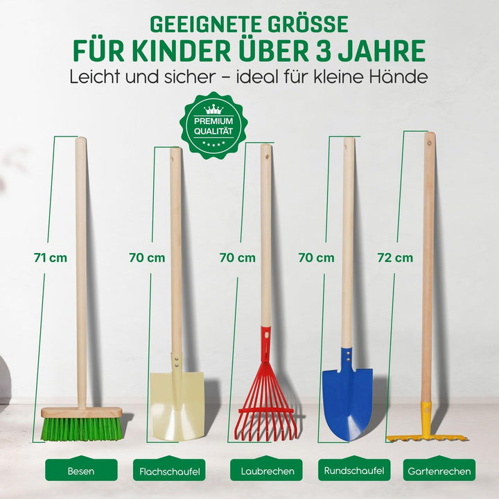 Kinder-Gartenset, Gartengeräte, Set 5-teilig Kinder Schaufel, Besen, Harke, Rechen, Spaten, Laubbese