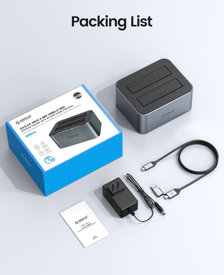 ORICO Aluminium Dual Festplatten Dockingstation, USB 3.2 Gen 2 Docking Station für SATA 2,5/3,5 Zoll