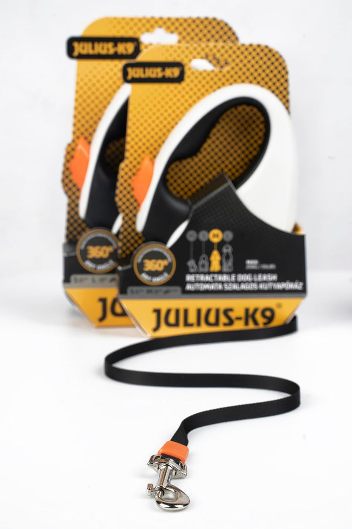 Julius-K9 Rollleine, M - 5 m Band, Weiss/Orange – Rutschfester Griff, Bandleine, ausziehbar, Einhand