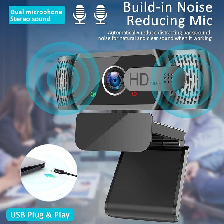 HD Webcam 1080P USB mit Mikrofon, Autofokus, Sichtschutzabdeckung, 90° Weitwinkel, Plug & Play, für