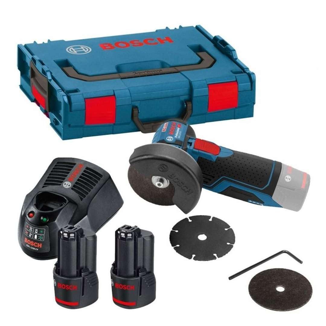 Bosch Professional 12V System Akku Winkelschleifer GWS 12V-76 (3 Trennscheiben, Scheibendurchmesser: