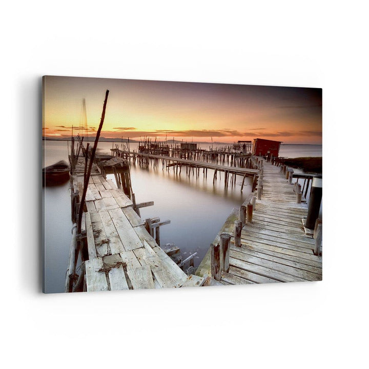 Bilder auf Leinwand 100x70cm Leinwandbild mit Rahmen Brücke Boot Meer Gross Wanddeko Bild Schlafzimm
