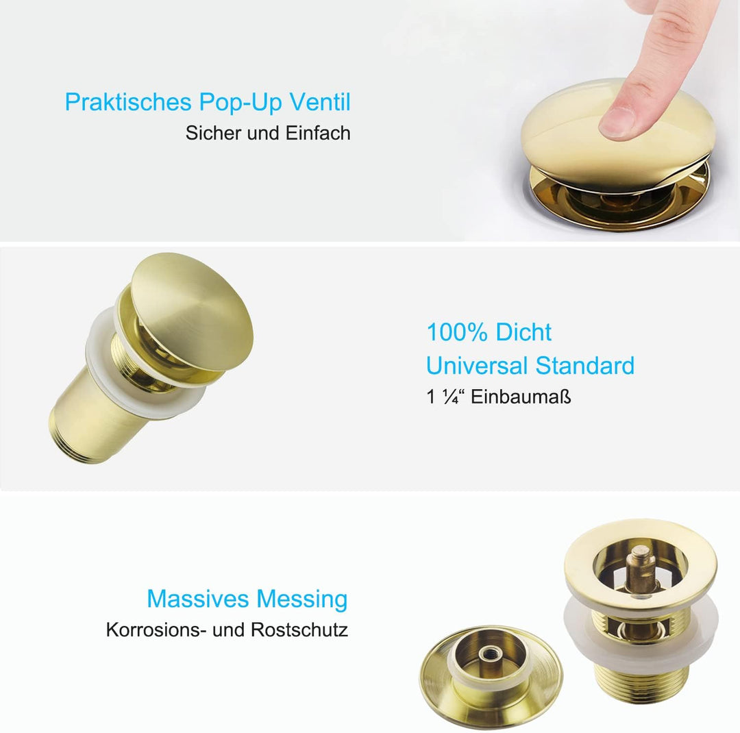 SET - Design Siphon mit Ablaufgarnitur mit Überlauf für Waschbecken Gebürstete Gold – Keymark Univer