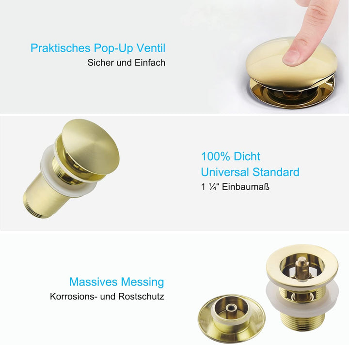 SET - Design Siphon mit Ablaufgarnitur mit Überlauf für Waschbecken Gebürstete Gold – Keymark Univer