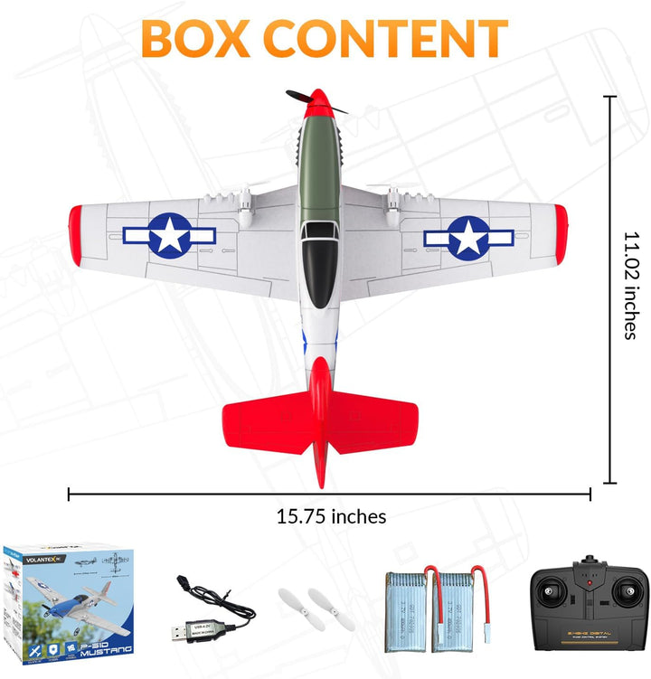 volantexrc RC Flugzeug P51D Mustang, 2CH 2,4GHz ferngesteuertes Flugzeug mit 2 Batterien und 6-Achse