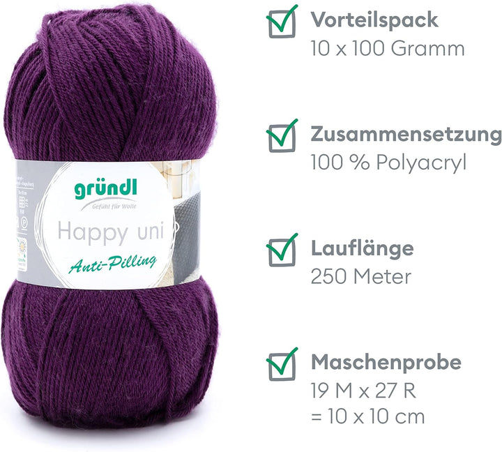 Gründl Happy uni (Strick- und Häkelgarn mit wollartigem Charakter aus 100 % Polyacryl, Anti-Pilling,
