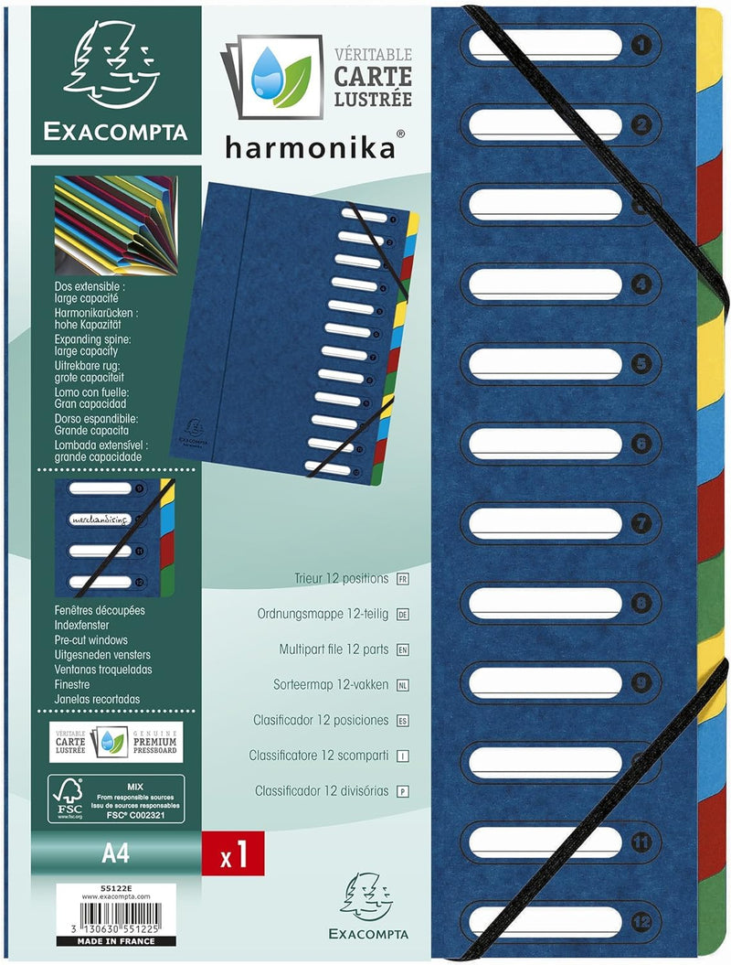 Exacompta 55122E Packung mit 6 Ordnungsmappen (Harmonika, DIN A4, 21 x 29,7 cm, 12 Fächer, aus Manil