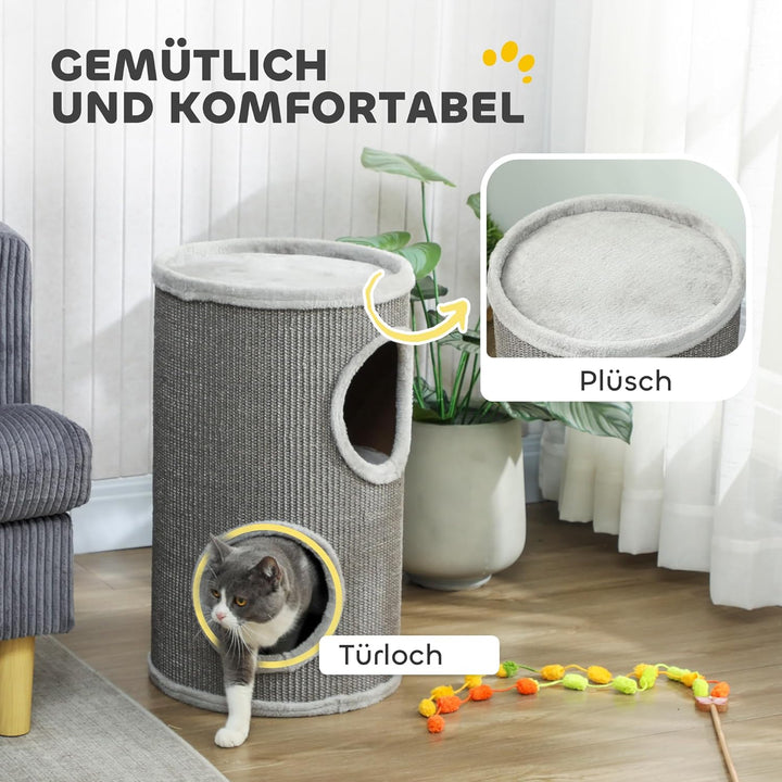 PawHut Kratztonne, 60 cm Hoch Ø 35 cm zweistöckige Katzentonne mit 2 Höhle, Kratzbaum mit Plüschrand