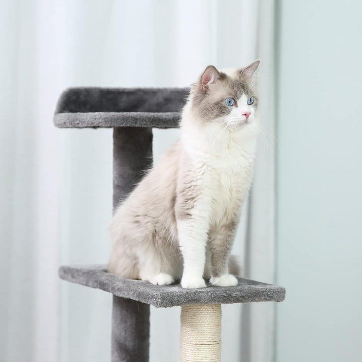 PawHut Kratzbaum 100 cm mit Sisalstämme für kleine Katzen Beige+Grau | Grosse Plattform, Mehrstöckig