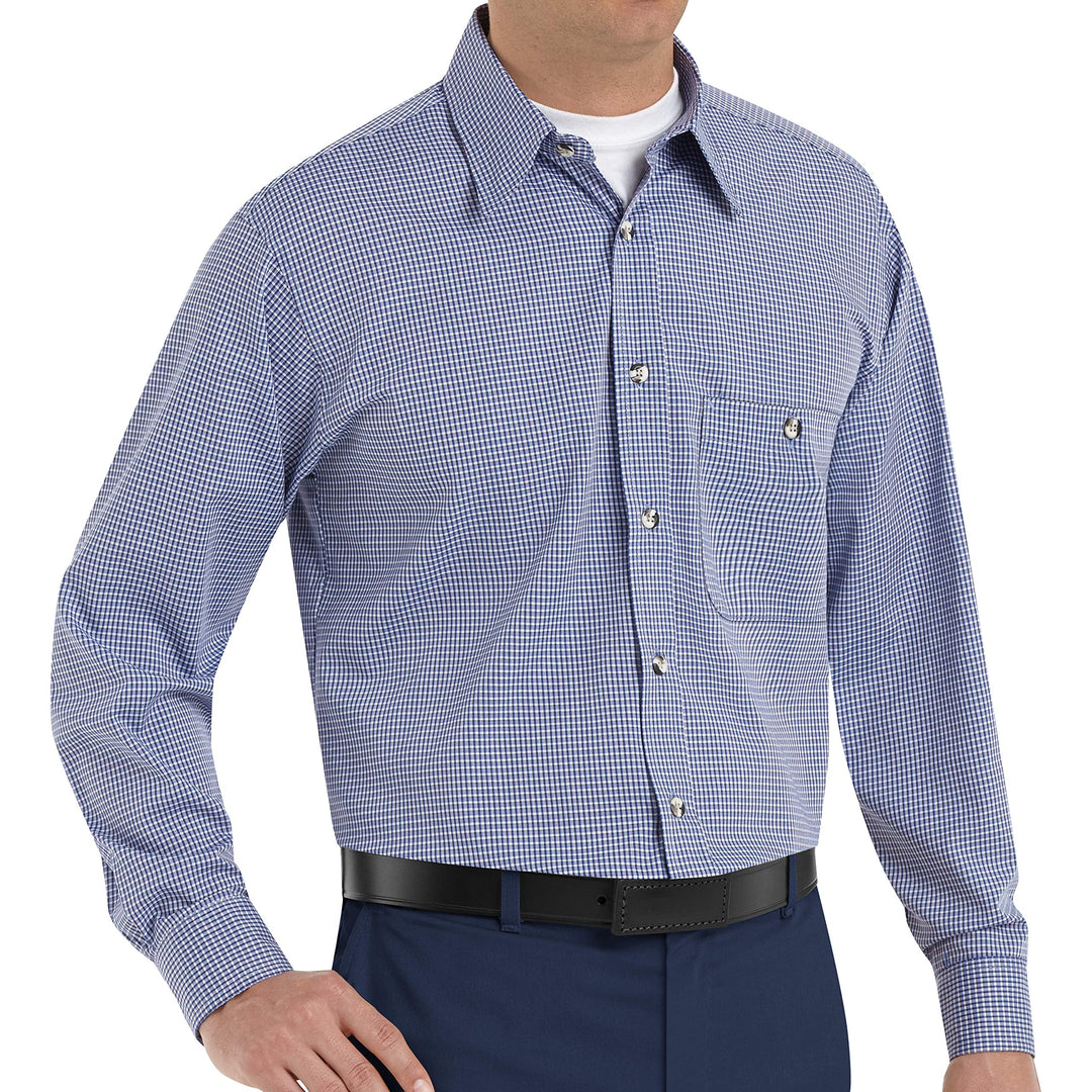 Red Kap Herren Men's Long Sleeve Mini-Plaid Uniform Shirt Hemd, weiss/blau, Small