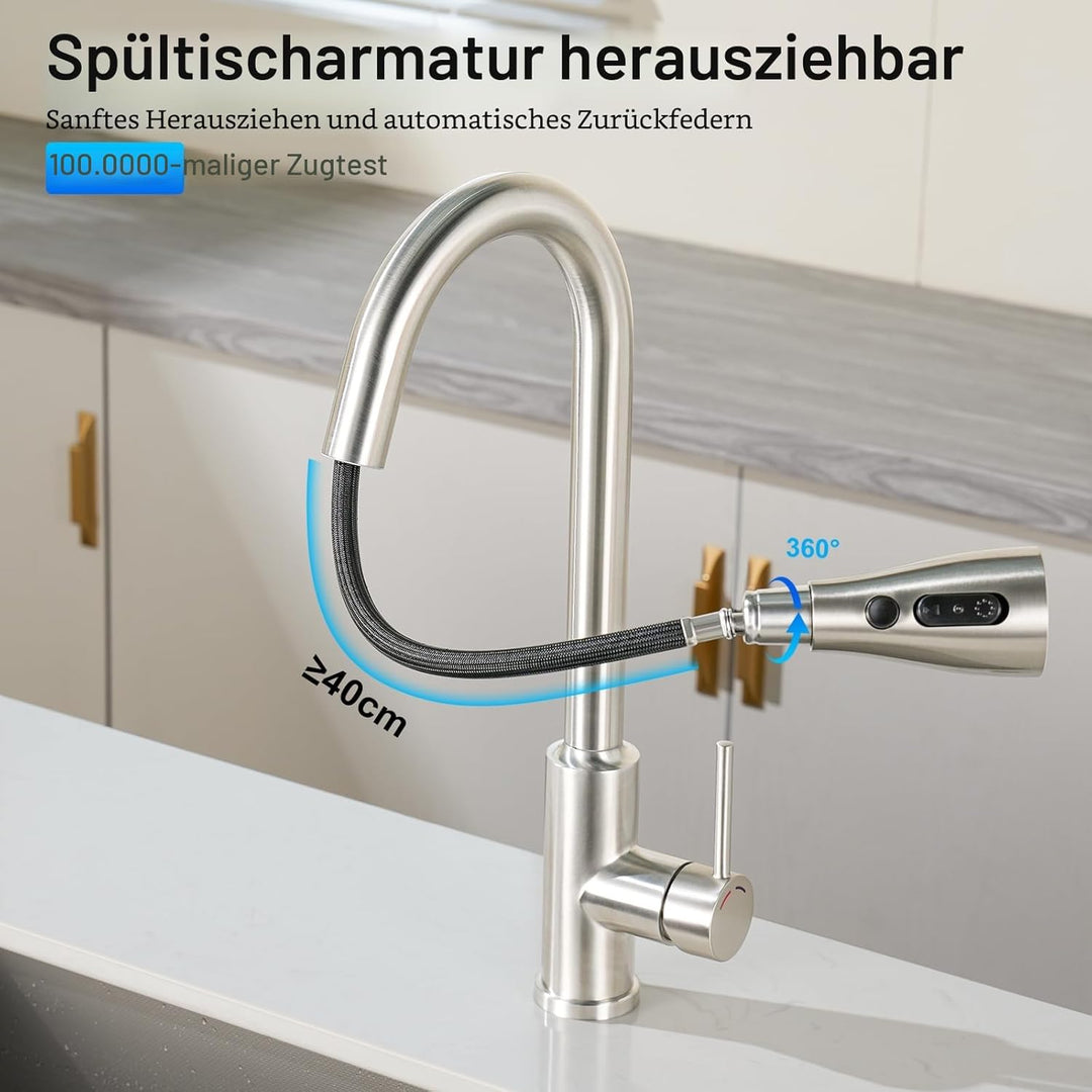 Wasserhahn Küche,Küchenarmatur Edelstahl,Ausziehbar Brause,4 Sprühfunktionen,Hoher Auslauf（187mm),36