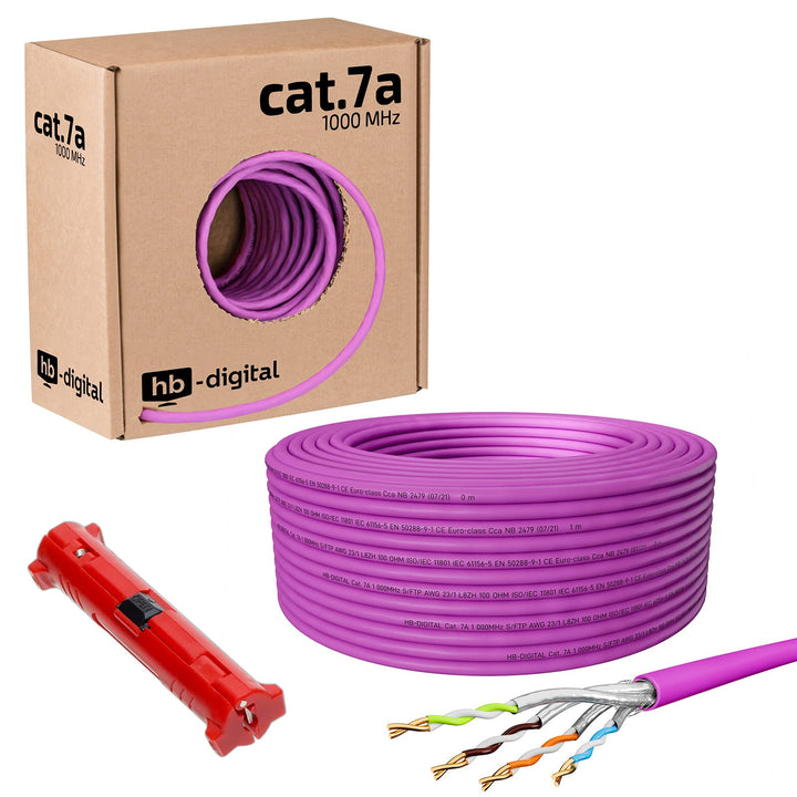 HB-DIGITAL 50m CAT.7a Netzwerkkabel Lila Verlegekabel Ethernet LAN AWG23 Reines Kupfer S/FTP PiMF LS