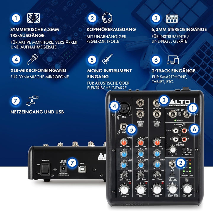 Alto TrueMix 500 Mischpult mit XLR Mic In und USB Audio Interface für Podcasting, Live Performance,